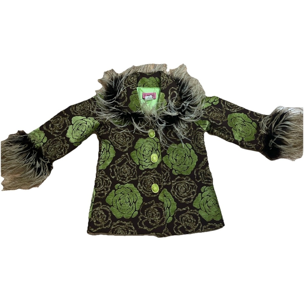 Leopard Daisy BEAUTIFUL Kids Brocade Floral Brown Green Coat Faux Feather Sz 4